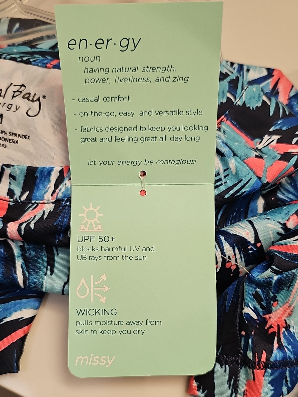 Coral Bay Energy Navy Tee with Pink Flamingo & Teal Palm Print. NWT. - Picture 6 of 6